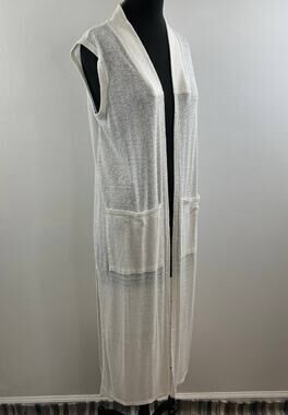 TWENTY Montreal White Polyester Linen Blend Open Front Duster Vest w/ Pockets M